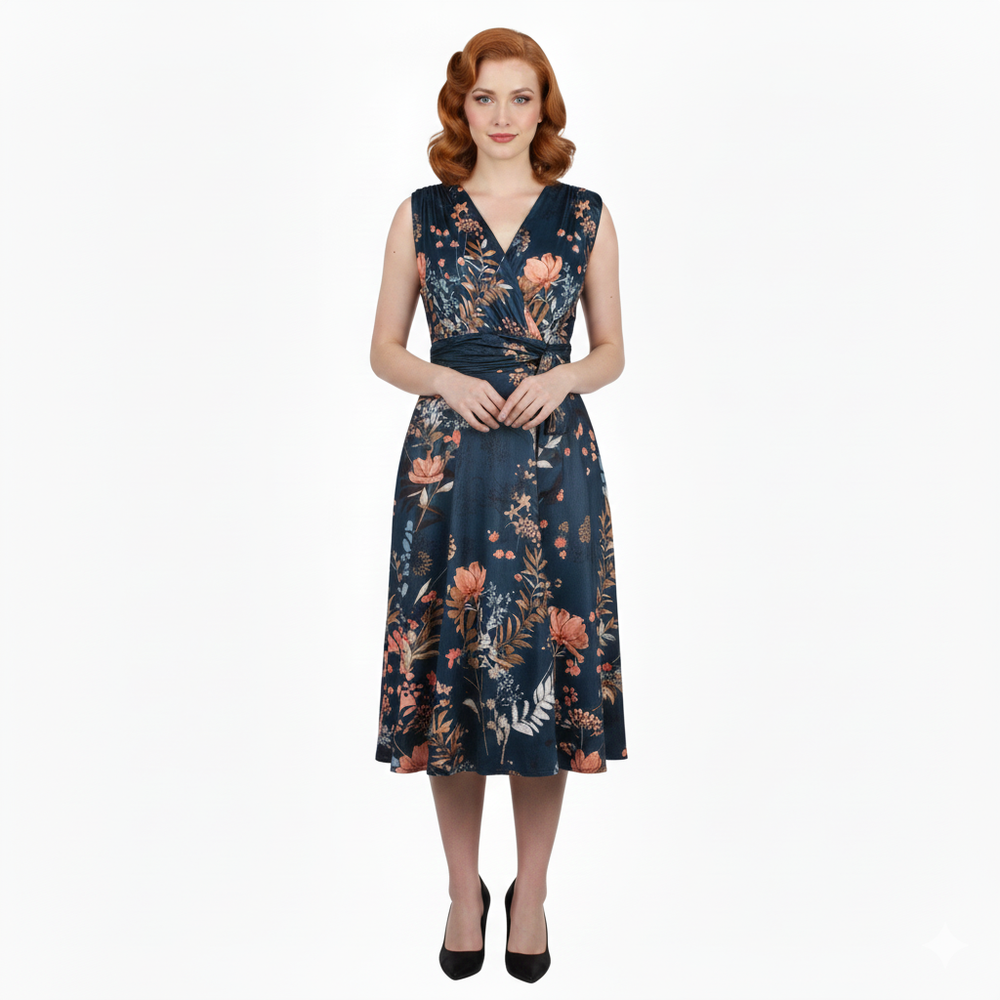 Dark Teal Floral V Neck Crossover Top Empire Waist Swing Dress