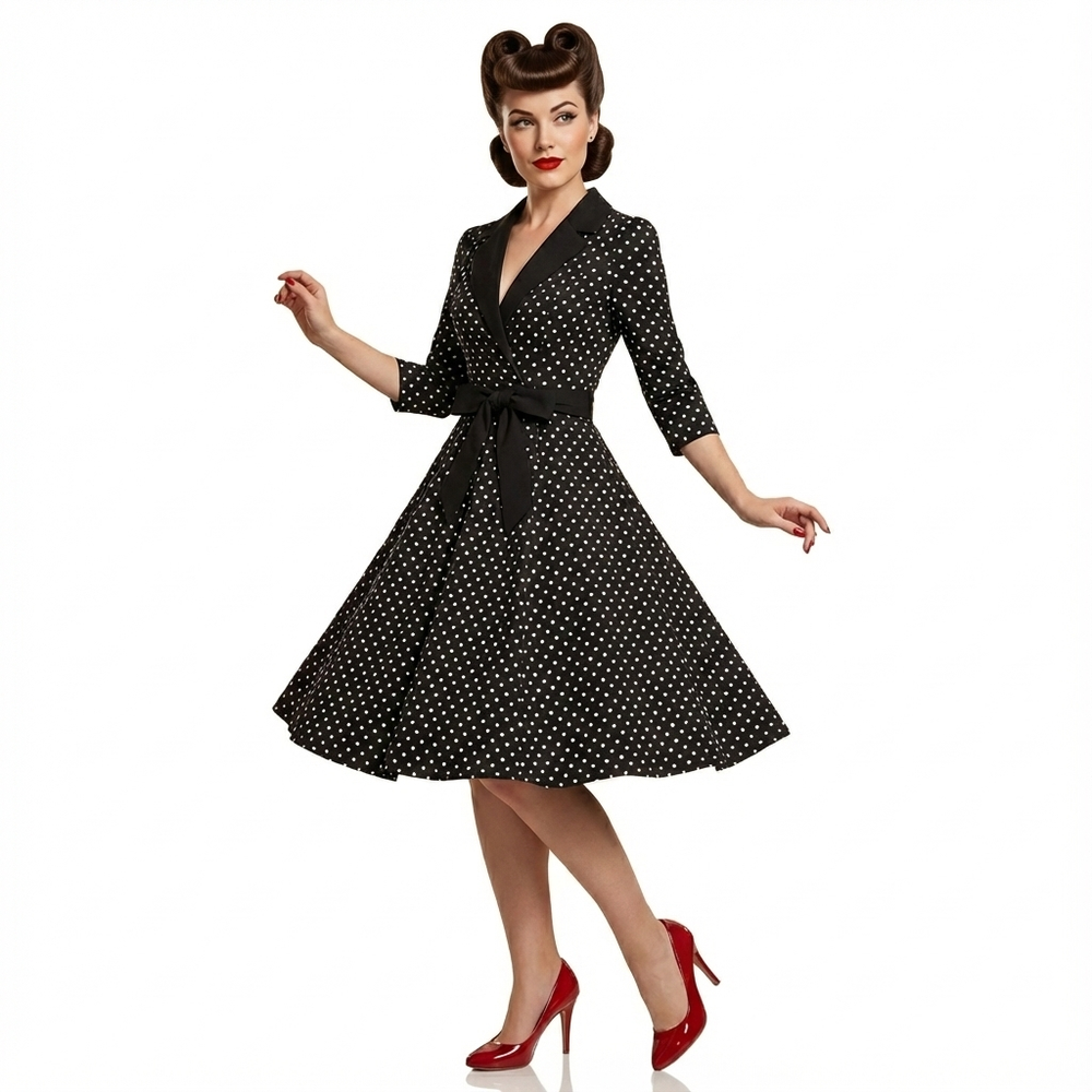 Black And White Polka Dot 3/4 Sleeve Swing Tea Dress