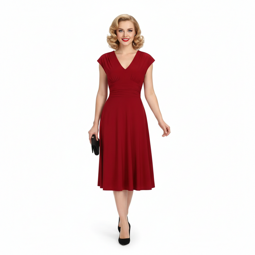 Red Cap Sleeve Ruched Deep V Neck Dress