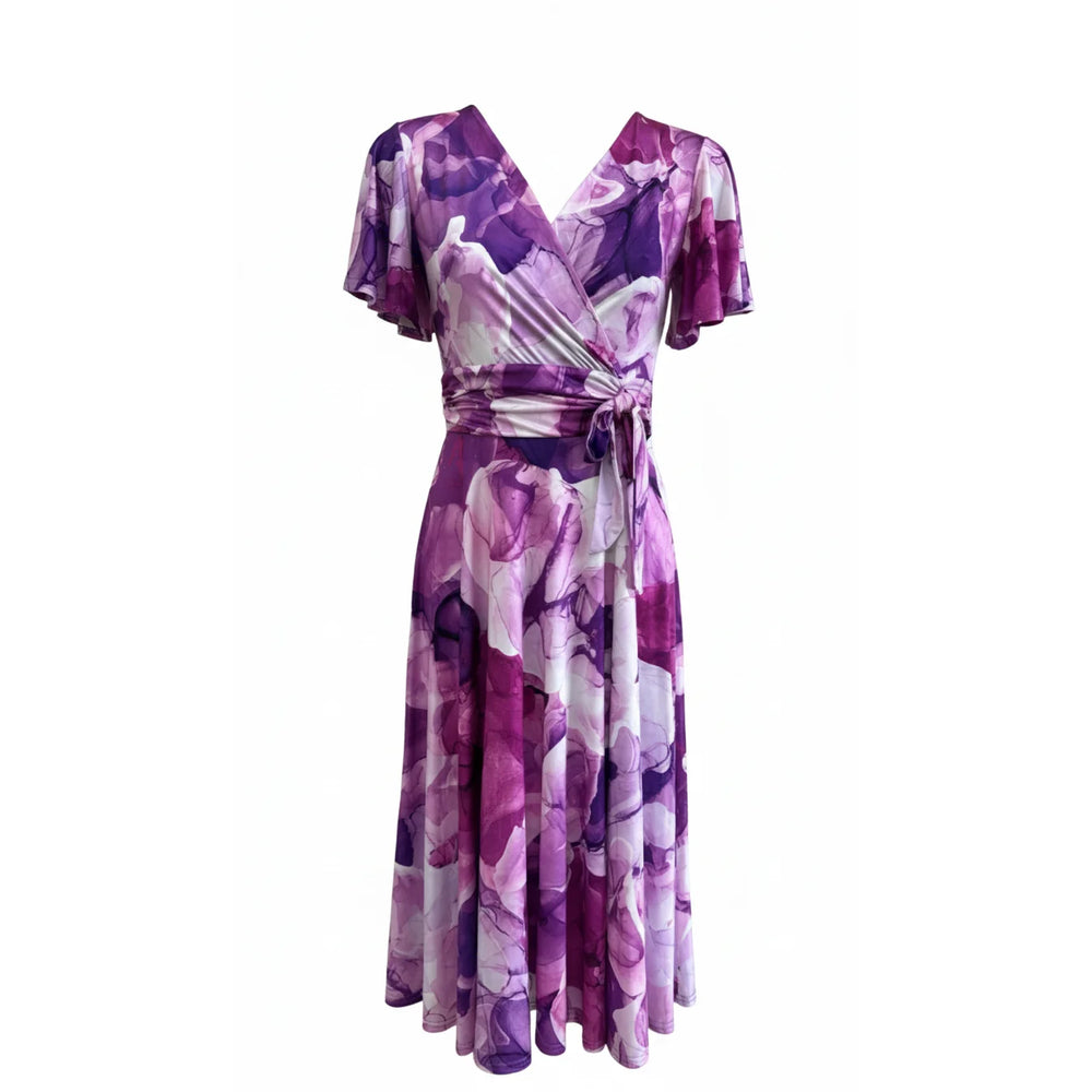 Purple And White Floral Print Wrap Over Fit And Flare Swing Dress