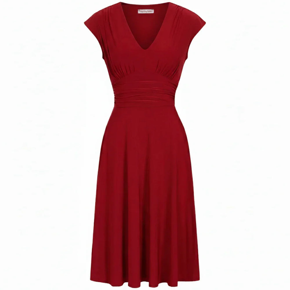 Red Cap Sleeve Ruched Deep V Neck Dress