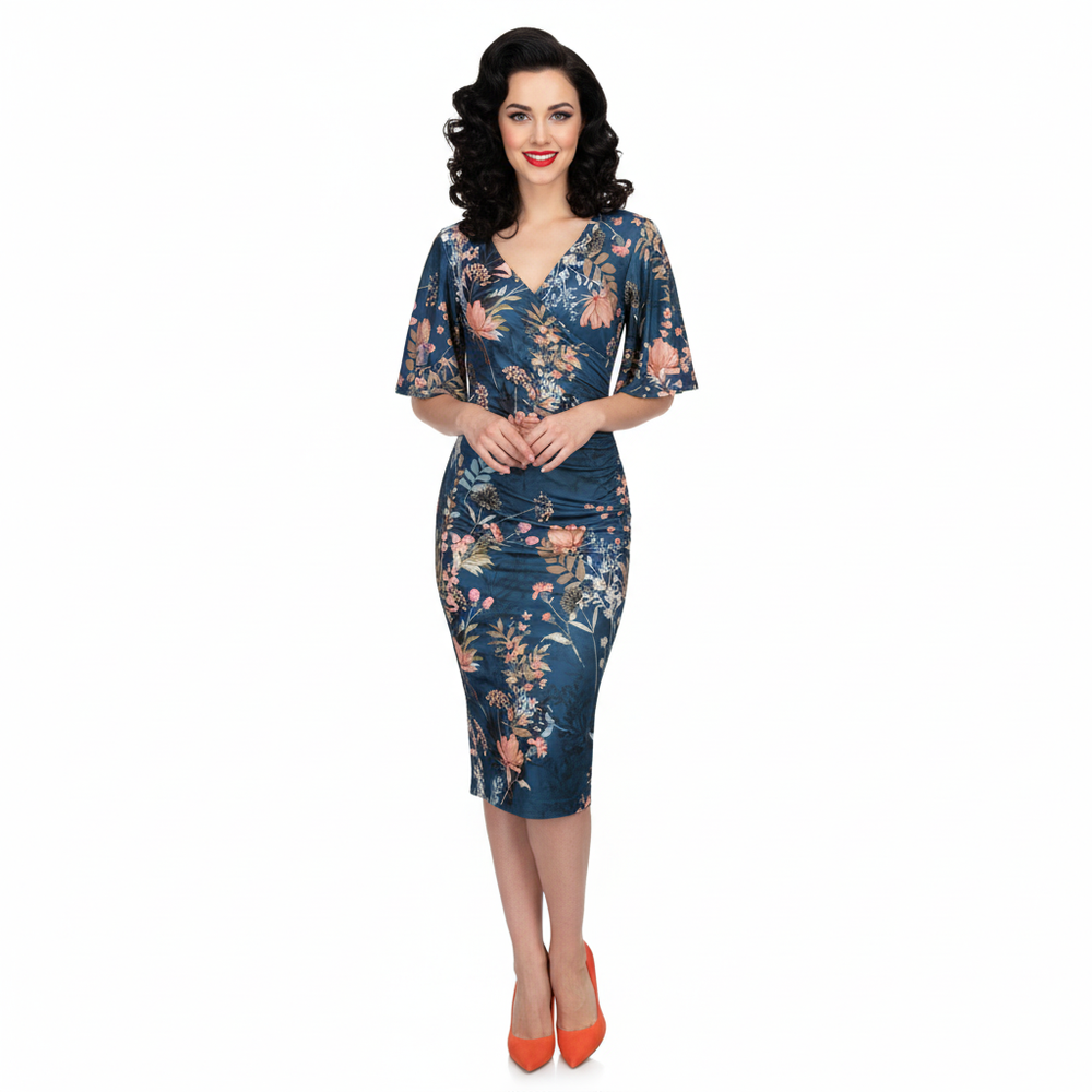 Teal Green Floral Butterfly Sleeve Slinky Pencil Cocktail Dress