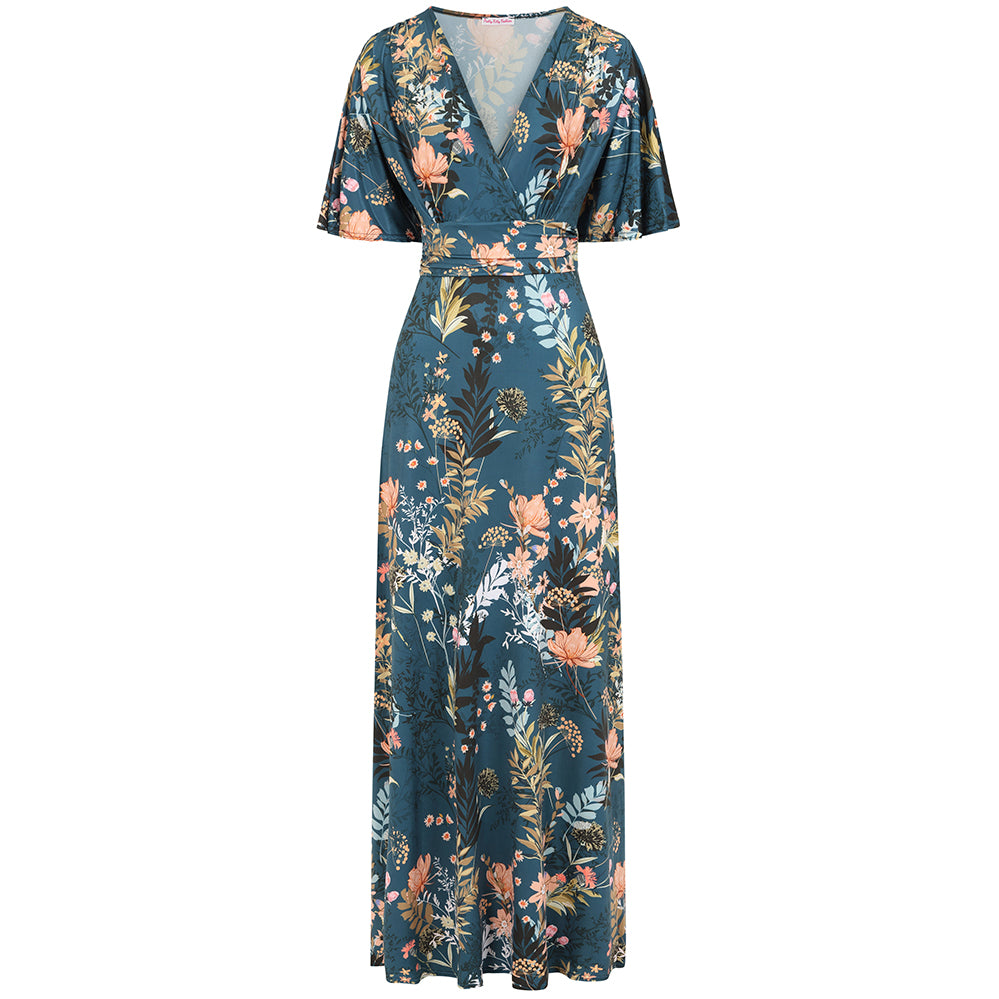 Teal Floral Print Waterfall Sleeve Maxi Dress